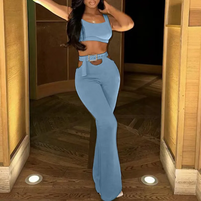 Women Casual Solid Color Sleeveless Camisole High Waist Pants Set