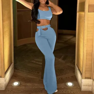 Women Casual Solid Color Sleeveless Camisole High Waist Pants Set