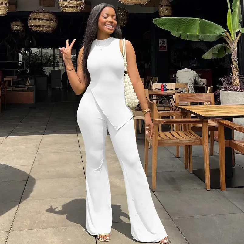 Summer Women's Solid Color Sleeveless Irregular Top Flared Pants Two-Piece Set