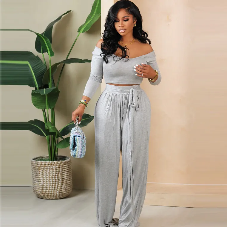 Women Casual Solid Color Long-Sleeved Top Wide Leg Pants Set