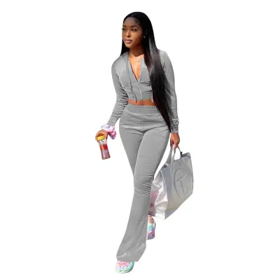 Women Korean Velvet Long Sleeve Hooded Top Flared Pants Two-Piece Set