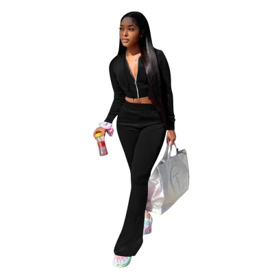 Women Korean Velvet Long Sleeve Hooded Top Flared Pants Two-Piece Set