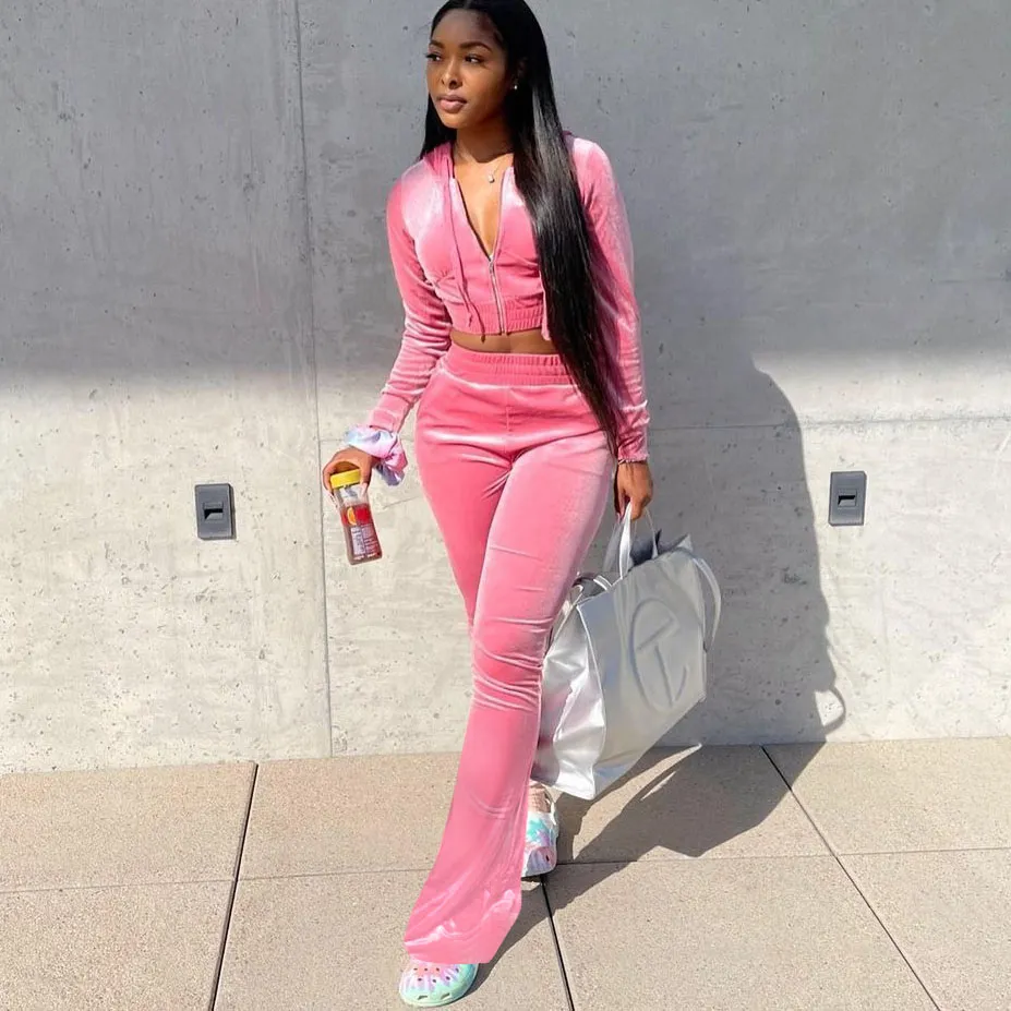 Women Korean Velvet Long Sleeve Hooded Top Flared Pants Two-Piece Set