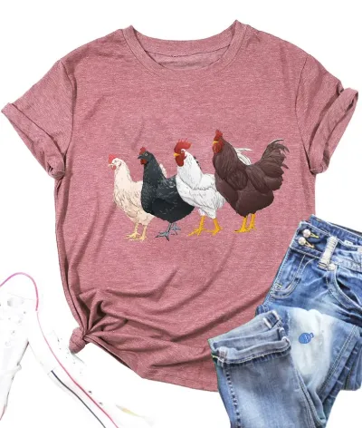 Women Cartoon Fun Chick Print Loose Fit Round Neck Short Sleeve T-Shirt