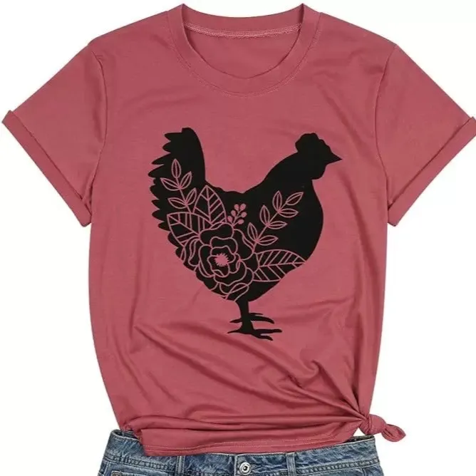 Women Cartoon Fun Chick Print Loose Fit Round Neck Short Sleeve T-Shirt