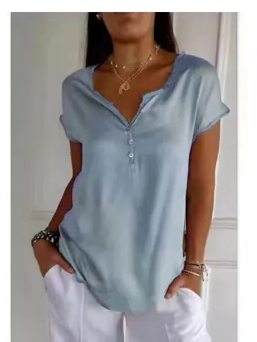 Women Loose Casual V-Neck Short Sleeve Blouse