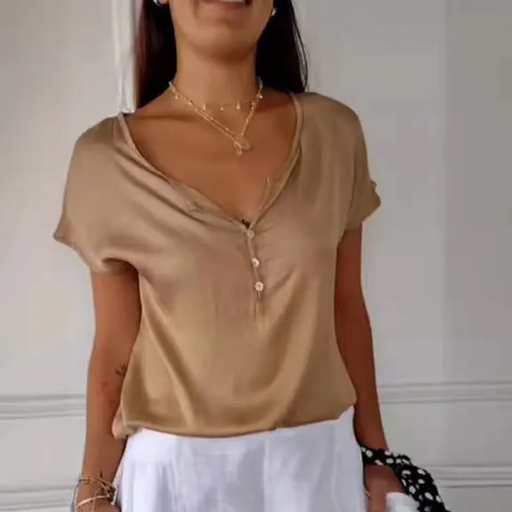 Women Loose Casual V-Neck Short Sleeve Blouse