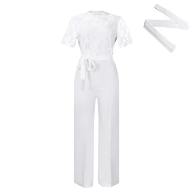 Women Fashion Sexy Lace Hollow Short Sleeve Strap High Waist Wide Leg Jumpsuits