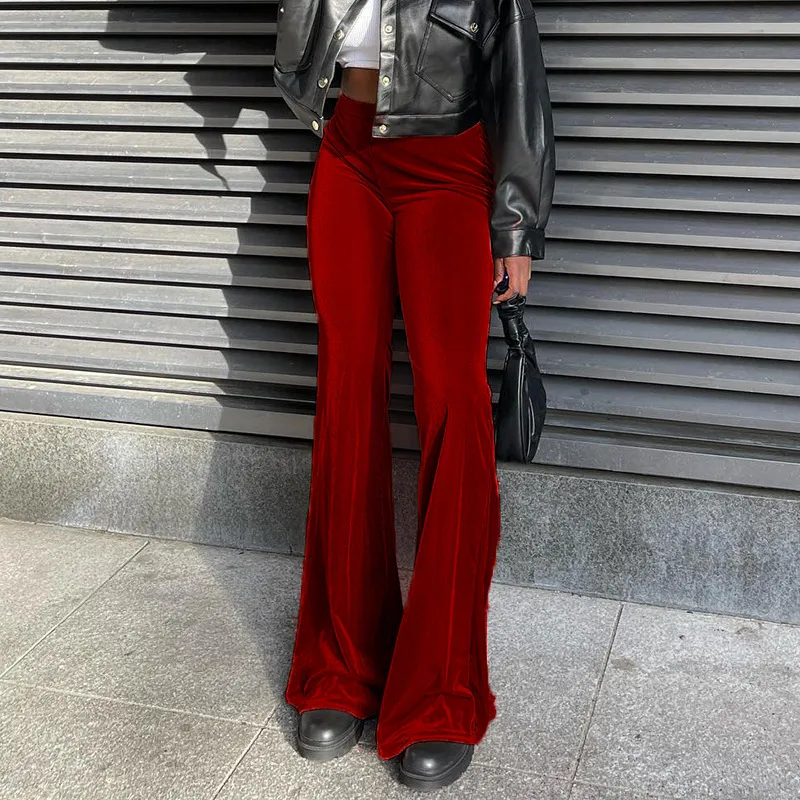 Women Casual High Waist Korean Velvet Flared Pants