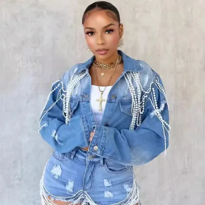 Women Fashion Pearl Chain Handmade Beaded Denim Coat