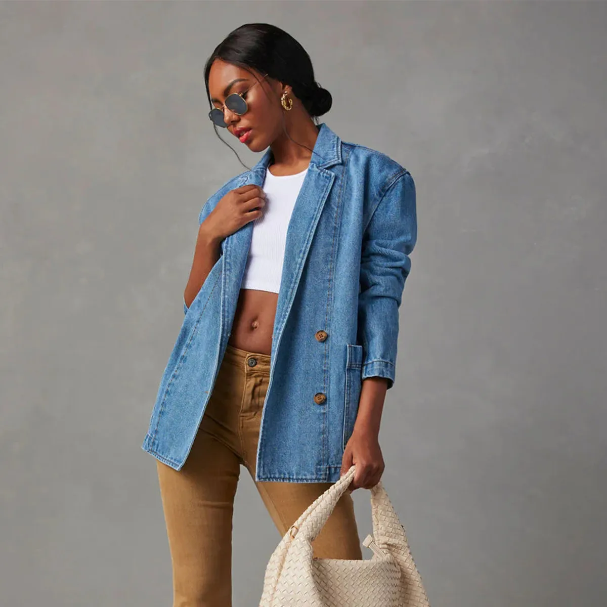 Women Retro Light Color Heavy Industry Washed Long Sleeve Extra Long Denim Jacket