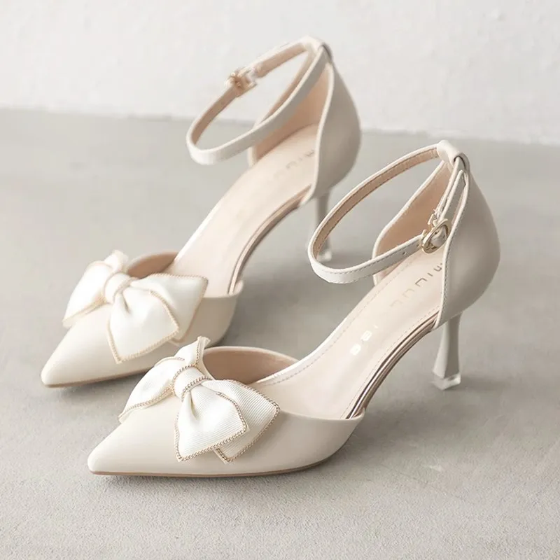 Summer Women Fashion Sweet Bow Detail Pointed Toe PU Pumps Shoes Heels