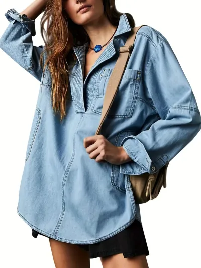 Women Fashion Casual V-Neck Long Sleeve Extra Long Denim Jacket