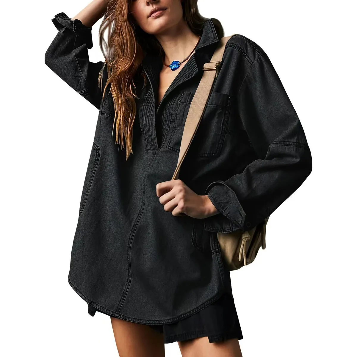 Women Fashion Casual V-Neck Long Sleeve Extra Long Denim Jacket