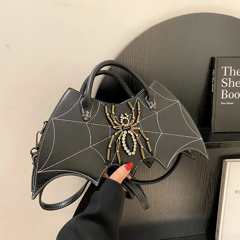 Women Gothic Fashion Spider Embroidery Rhinestone PU Hand Crossbody Shoulder Bag