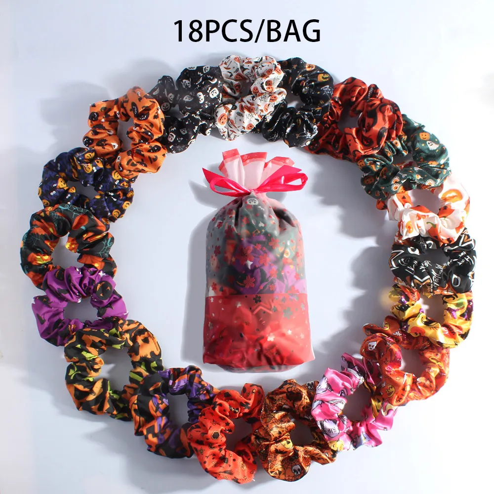 Halloween Pumpkin Skull Print Hair Rings 18pcs Party Hair Accessories