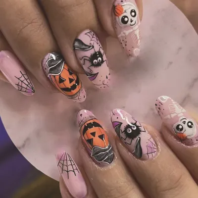 Halloween Cartoon Pumpkin Cobweb Skeleton Wearable Fake Nails Medium Almond