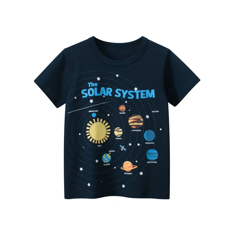 Kids Toddler Boys Cute Cartoon Planet Alphabet Print T-Shirt Short Sleeve Round Neck Cotton Casual