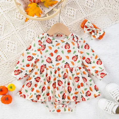 Kids Baby Girls Casual Cute Party Thanksgiving Cartoon Print Long Sleeve Romper