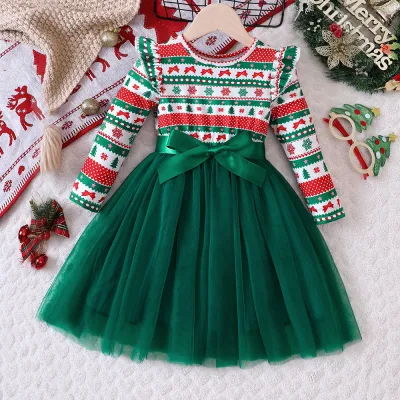 Kids Toddler Girls Cute Party Christmas Print Long Sleeve Mesh A-Line Dress