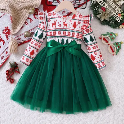 Kids Toddler Girls Cute Party Christmas Print Long Sleeve Mesh A-Line Dress