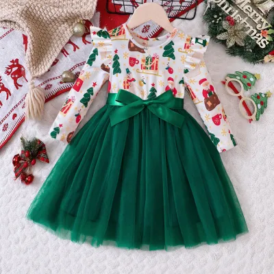 Kids Toddler Girls Cute Party Christmas Print Long Sleeve Mesh A-Line Dress