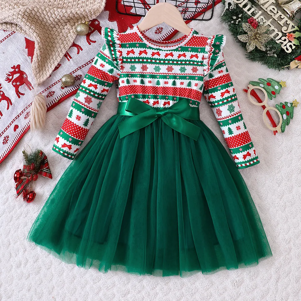 Kids Toddler Girls Cute Party Christmas Print Long Sleeve Mesh A-Line Dress
