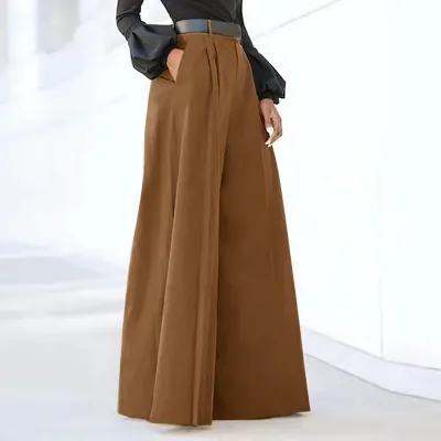 Women Casual Solid Color High Waist Wide Leg Micro Flared Pants