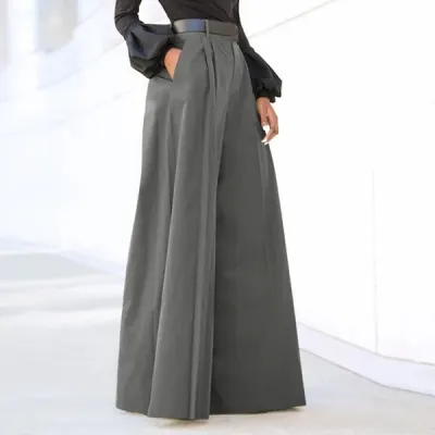 Women Casual Solid Color High Waist Wide Leg Micro Flared Pants