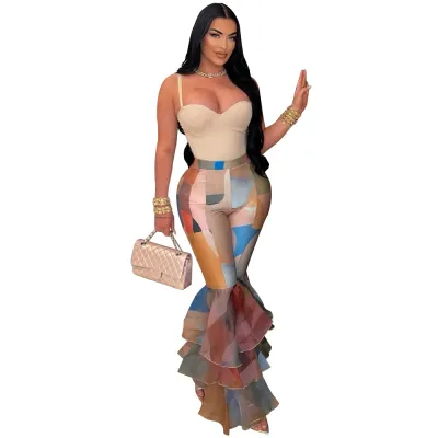 Women Fashion Tie-Dye Printed Flare Pants With Ruffles