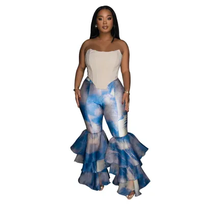 Women Fashion Tie-Dye Printed Flare Pants With Ruffles