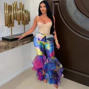Women Fashion Tie-Dye Printed Flare Pants With Ruffles