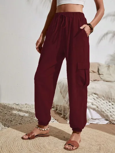Women Casual Solid Color Multi Pocket Drawstring Jogger Cargo Pants