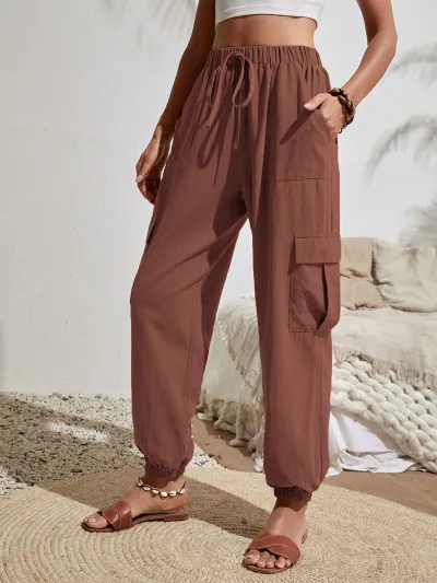 Women Casual Solid Color Multi Pocket Drawstring Jogger Cargo Pants