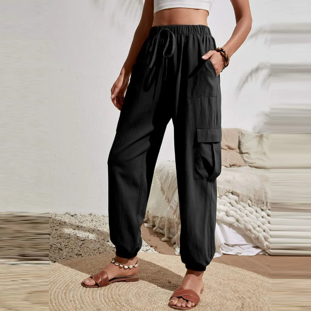 Women Casual Solid Color Multi Pocket Drawstring Jogger Cargo Pants
