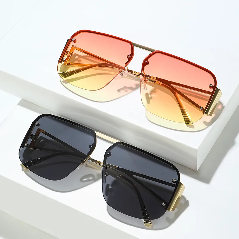 Simple Retro Half Frame Square Metal Sunglasses