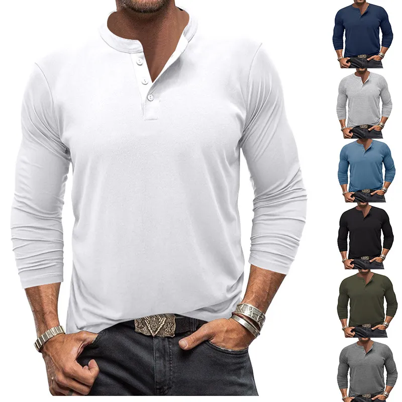 Men Long Sleeve Crewneck Henry T-Shirt Sports Leisure Slim Fit Cotton Blend