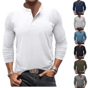 Men Long Sleeve Crewneck Henry T-Shirt Sports Leisure Slim Fit Cotton Blend