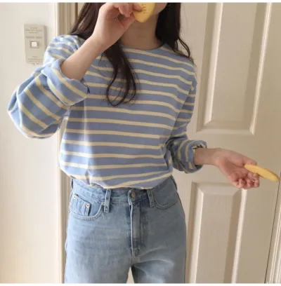 Women Casual Long Sleeve Spring And Autumn Stripe Pullover T-Shirt