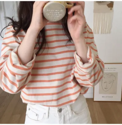 Women Casual Long Sleeve Spring And Autumn Stripe Pullover T-Shirt
