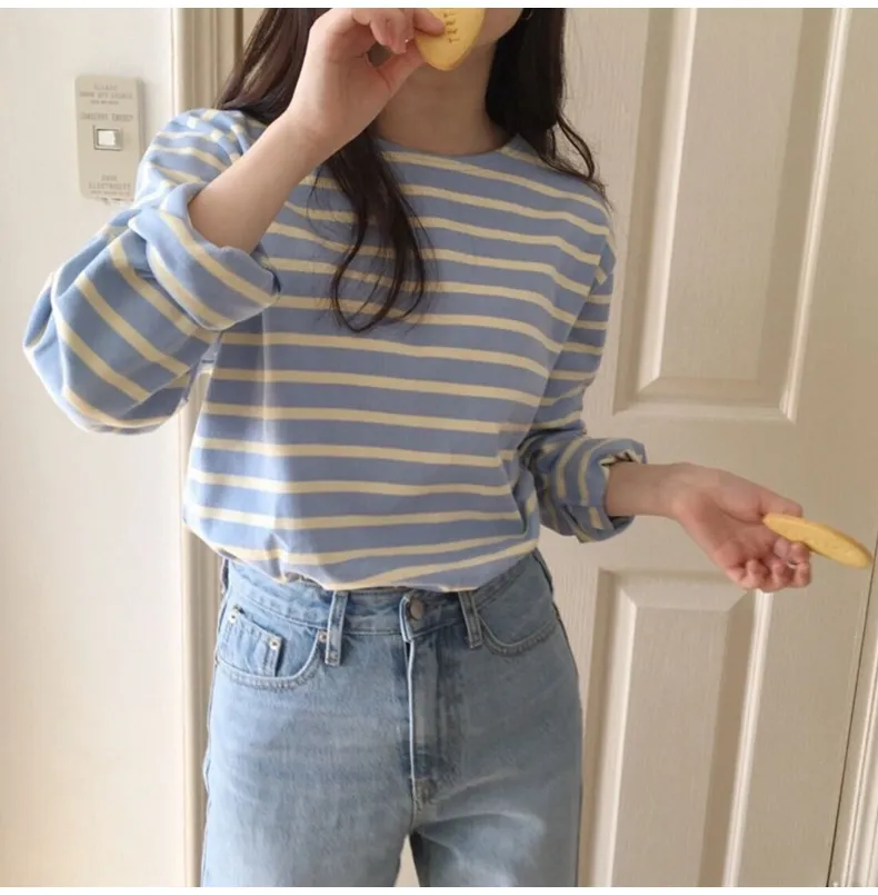 Women Casual Long Sleeve Spring And Autumn Stripe Pullover T-Shirt