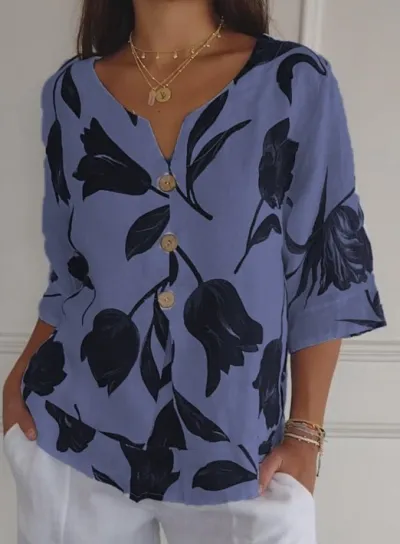 Casual Floral Printed Cotton Linen Short-Sleeve Women Blouse