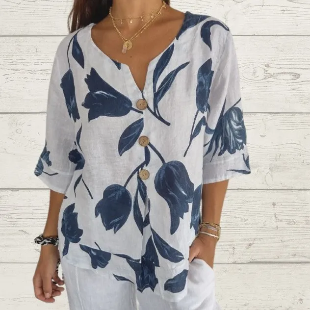 Casual Floral Printed Cotton Linen Short-Sleeve Women Blouse