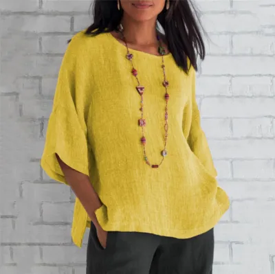 Women Three Quarter Sleeve Round Neck Cotton Linen Loose Casual Blouse