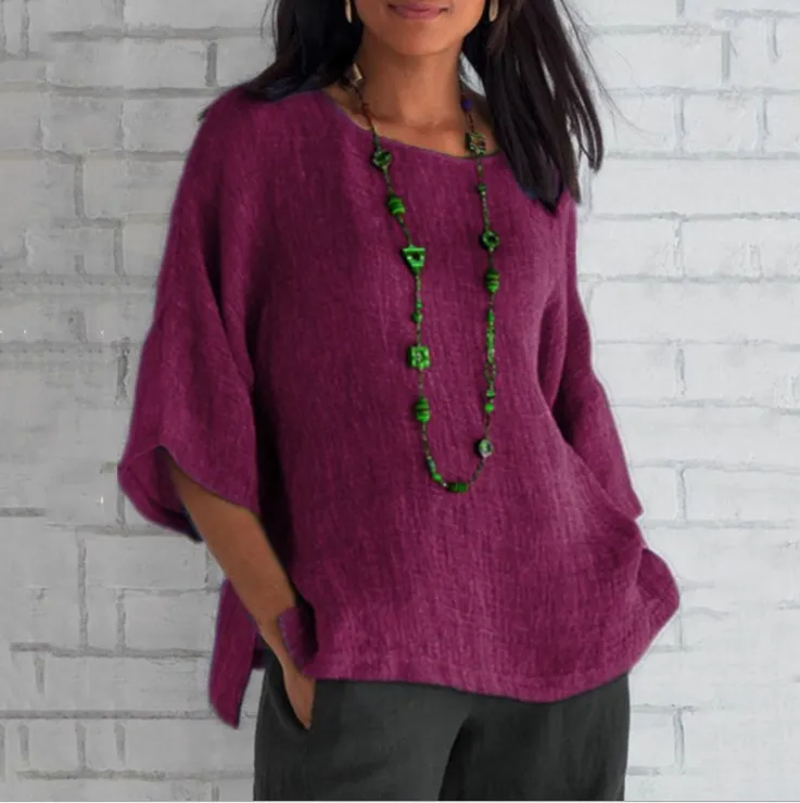 Women Three Quarter Sleeve Round Neck Cotton Linen Loose Casual Blouse