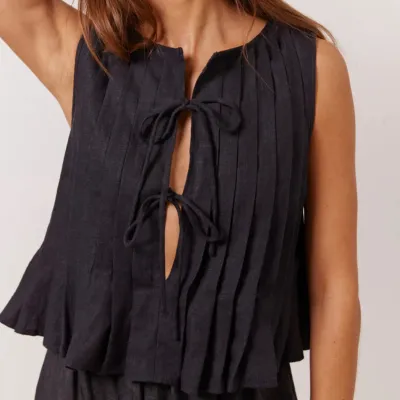 Spring Summer Women Cotton Linen Lace-Up Sleeveless Pleated Blouse
