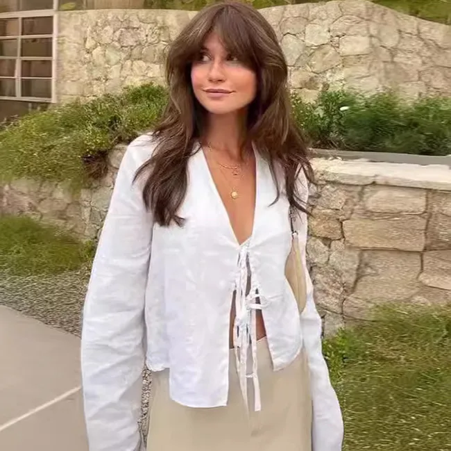 Women Vacation Deep V Neck Flare Sleeve Blouse