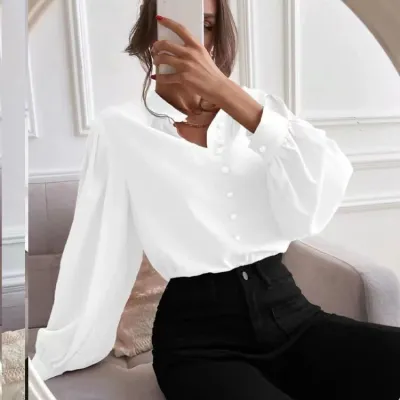Women Elegant Solid Color Lapel Long Sleeve Single Breasted Button Loose Blouse