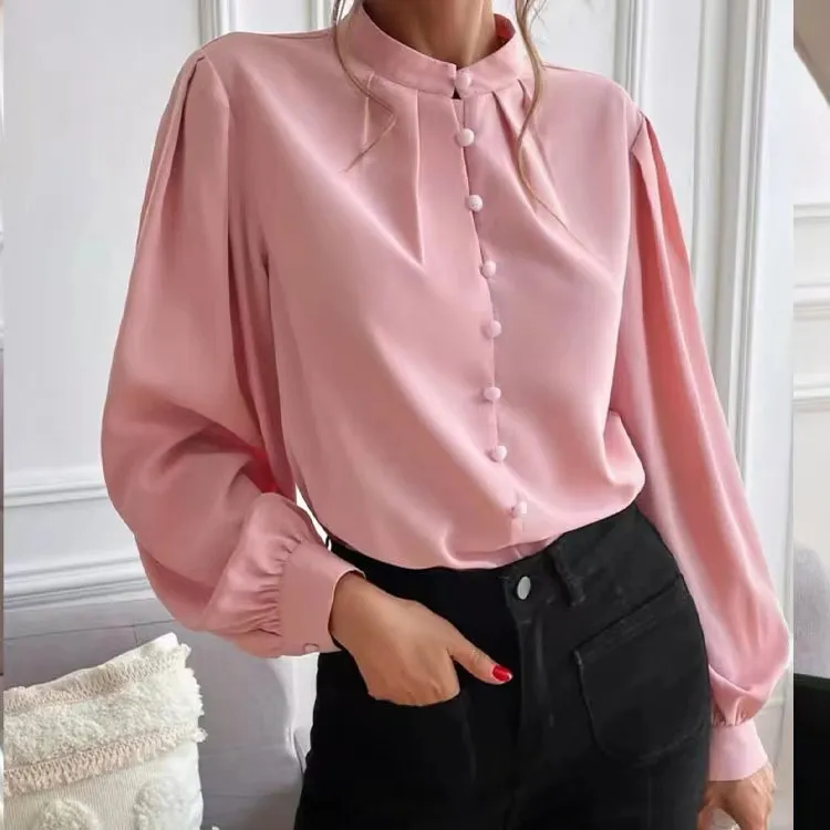 Women Elegant Solid Color Lapel Long Sleeve Single Breasted Button Loose Blouse
