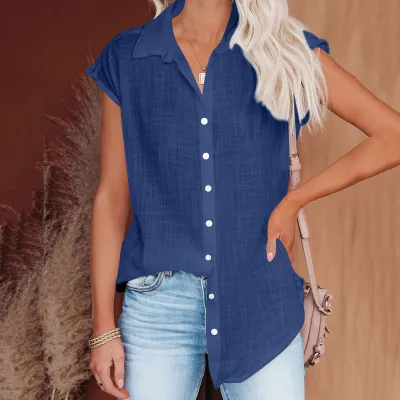 Summer Solid Color Single-Breasted Casual Women Sleeveless Blouse